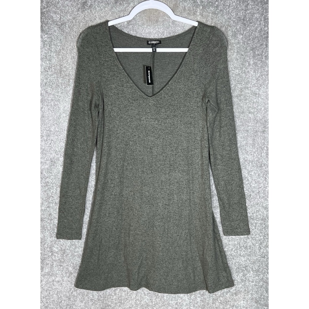Express Long Sleeve Knit Swing Dress Womens Sz XS Green Stretch V-Neck Flare New
